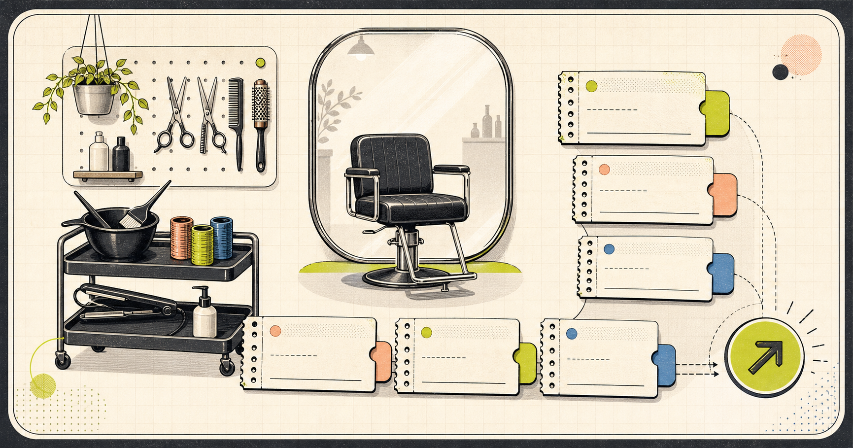 Chair Callのサロン椅子、施術道具、候補日時つき募集カードが並ぶ画面